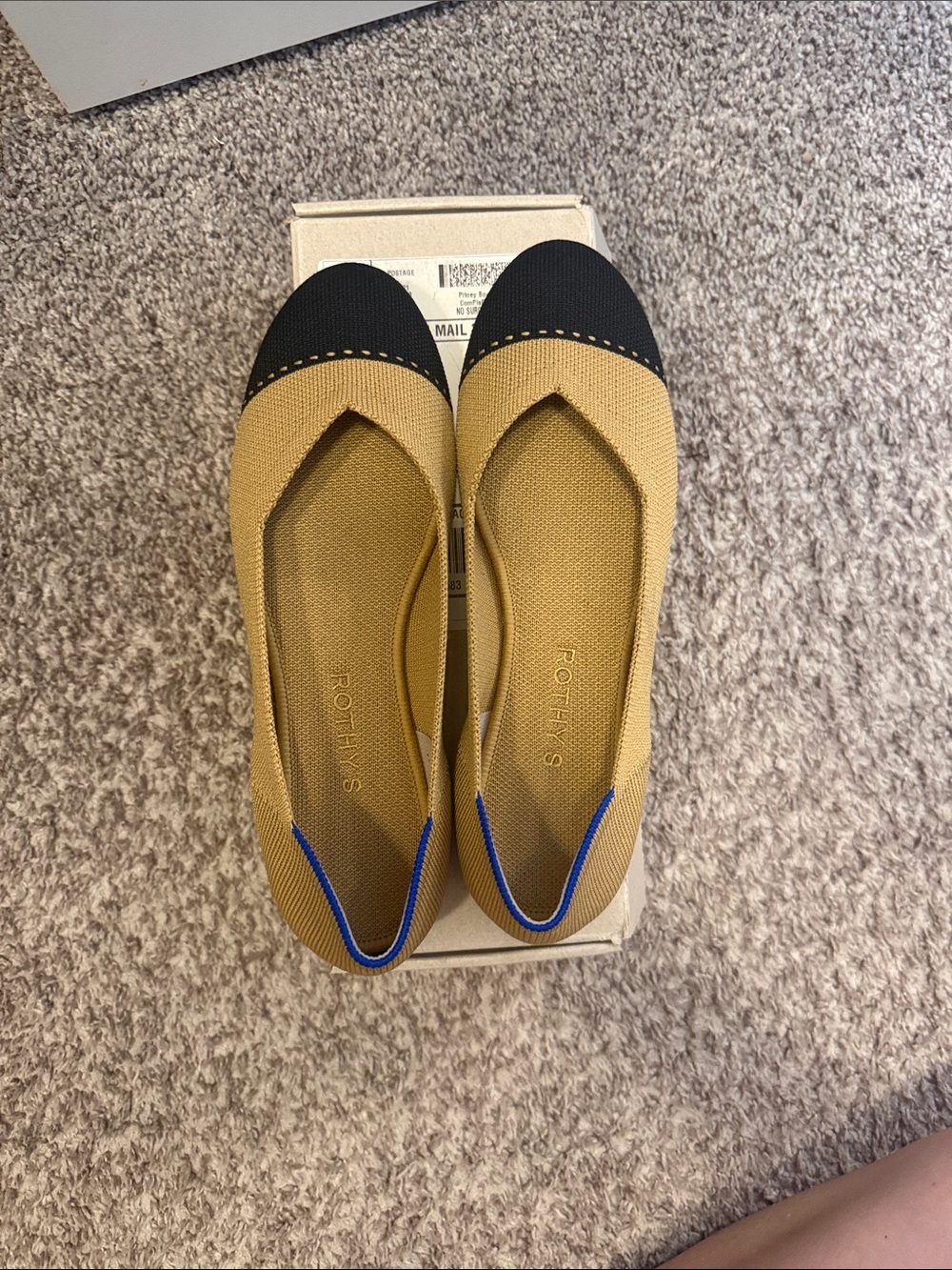 Rothy's Tan Knit Flats with Black Cap Toe and Blue Heel Trim